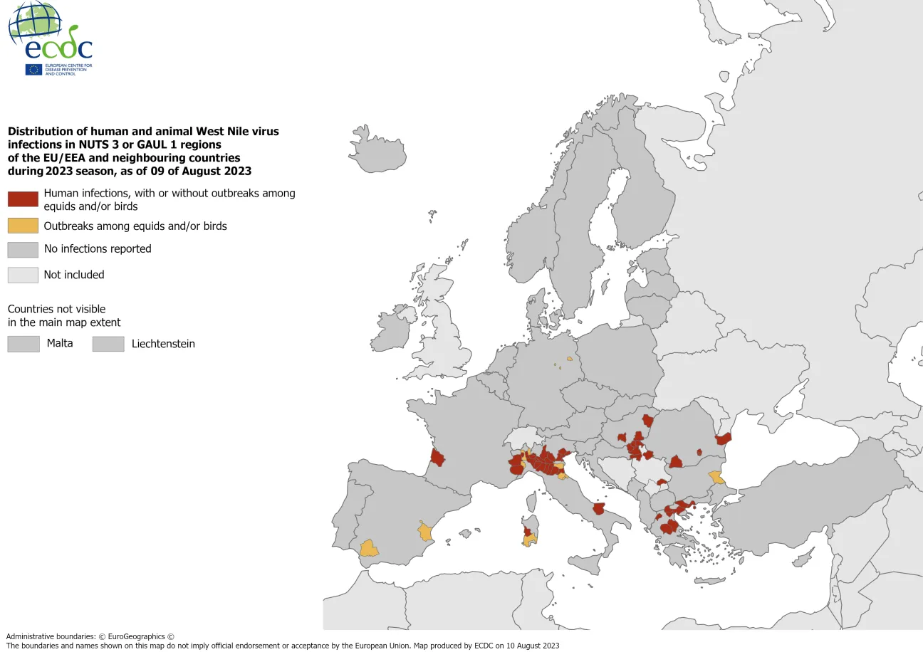 West Nile virus - infections among humans and outbreaks among equids and/or birds, 9 August 2023