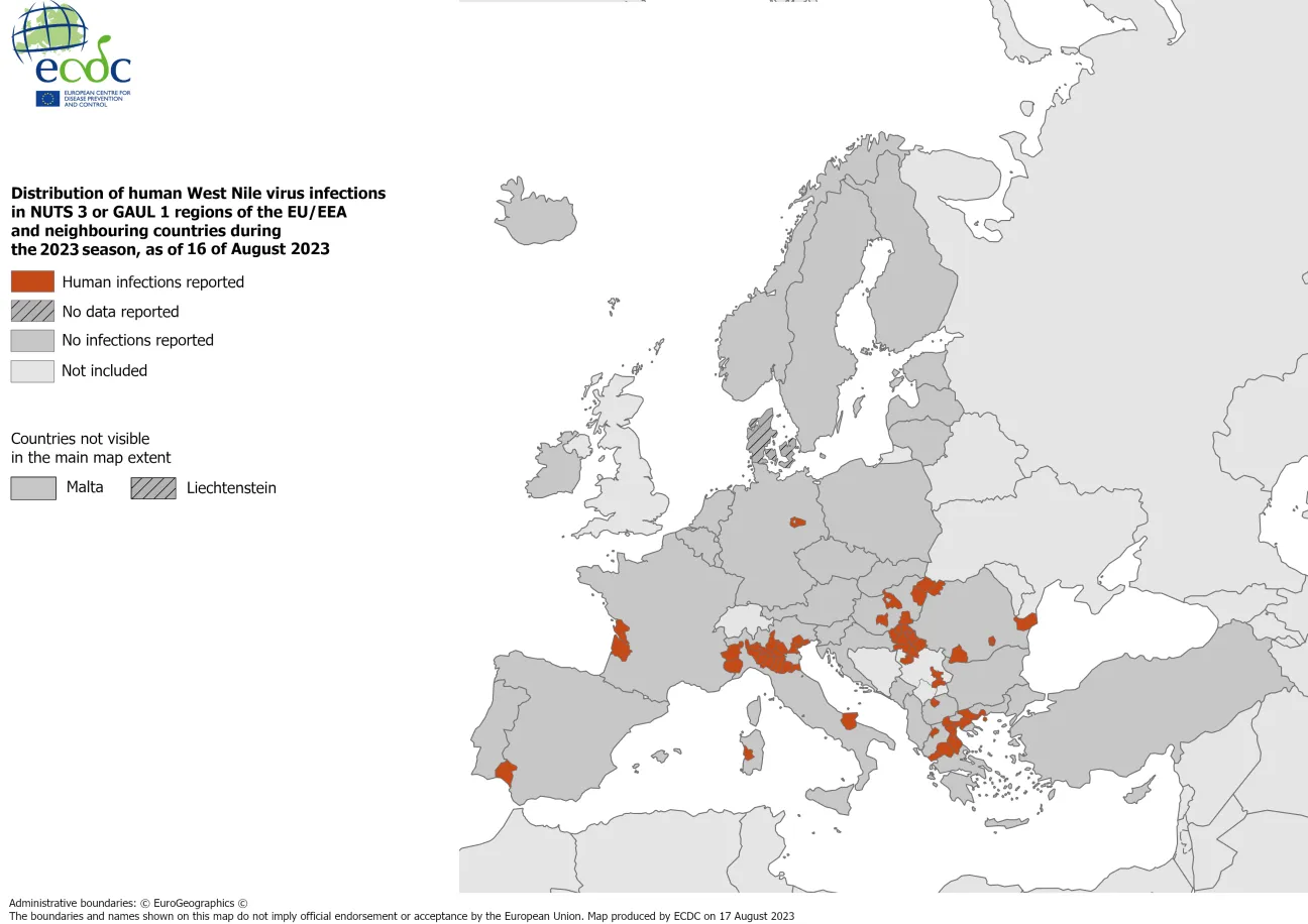 West Nile virus - human cases, 16 August 2023