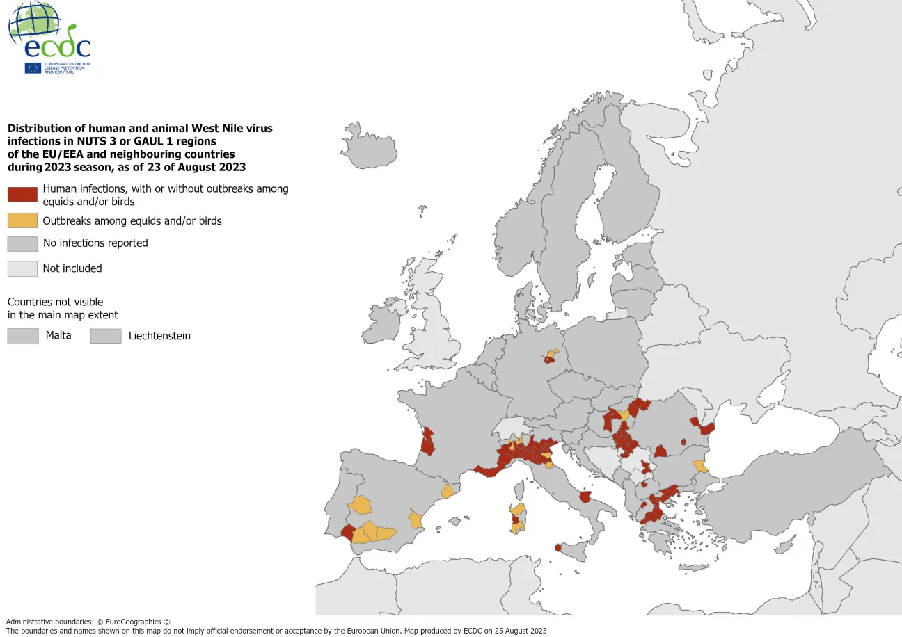 West Nile virus - infections among humans and outbreaks among equids and/or birds, 23 August 2023
