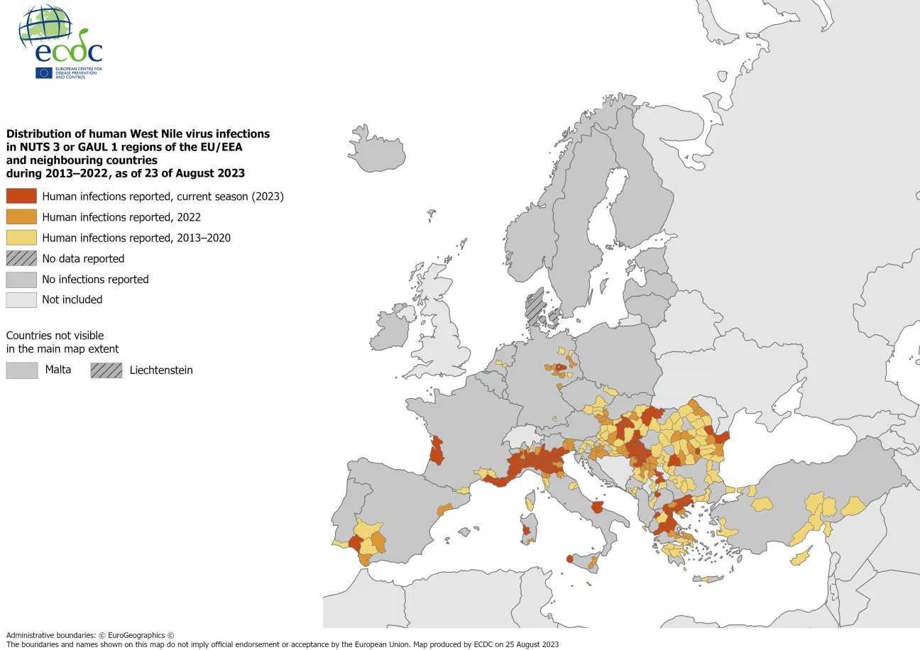 West Nile virus - human cases compared to previous seasons, 23 August 2023