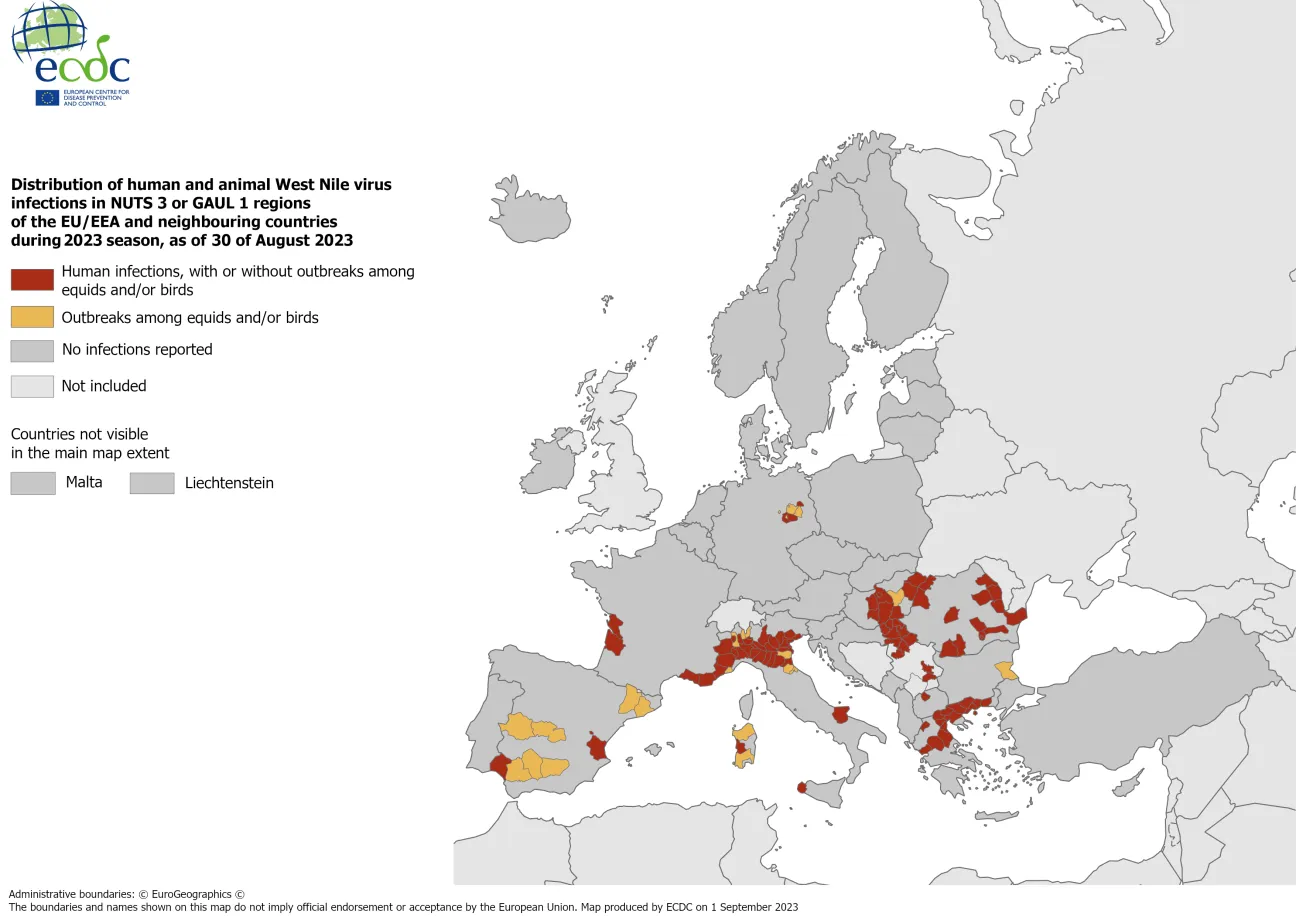 West Nile virus - infections among humans and outbreaks among equids and/or birds, 30 August 2023
