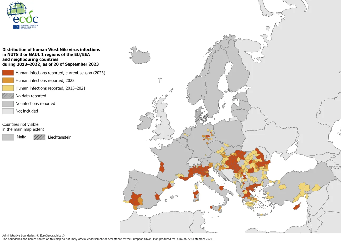 West Nile virus - human cases compared to previous seasons, 20 September 2023
