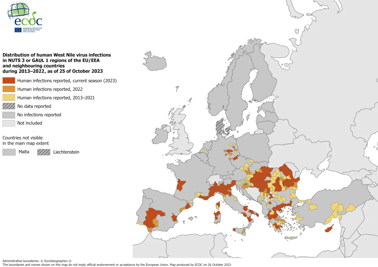 West Nile virus - human cases compared to previous seasons, 25 October 2023