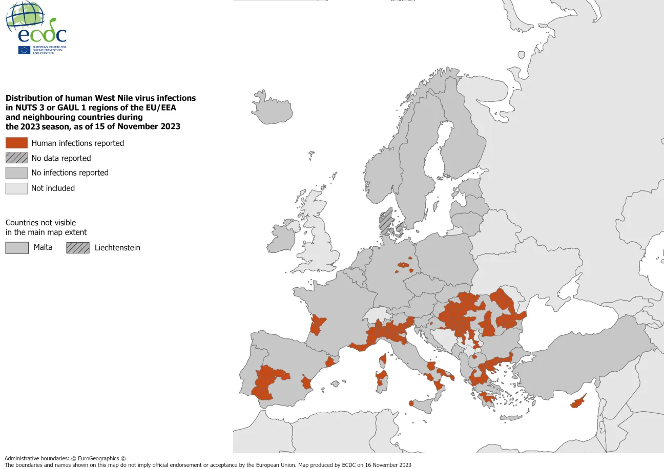 West Nile virus - human cases, 15 November 2023