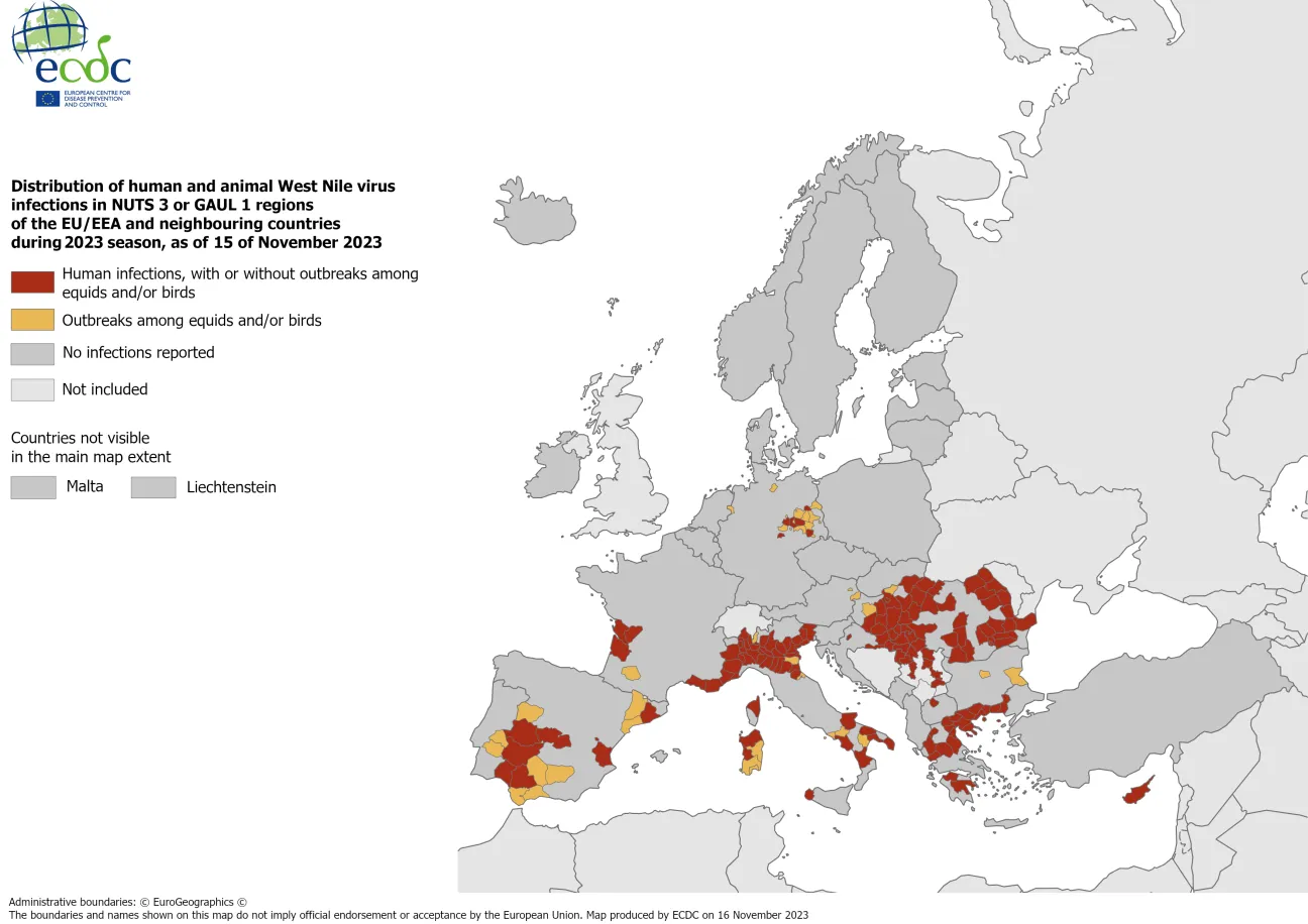 West Nile virus - infections among humans and outbreaks among equids and/or birds, 15 November 2023