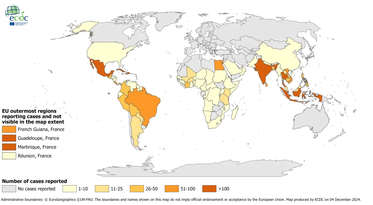 Distribution of travel-associated dengue cases reported to ECDC, by place of infection, 2023