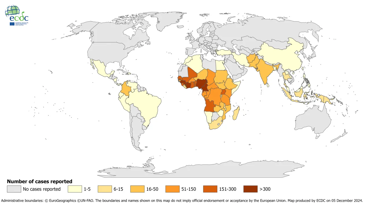 Distribution of travel-associated malaria cases reported to ECDC, by place of infection, 2023