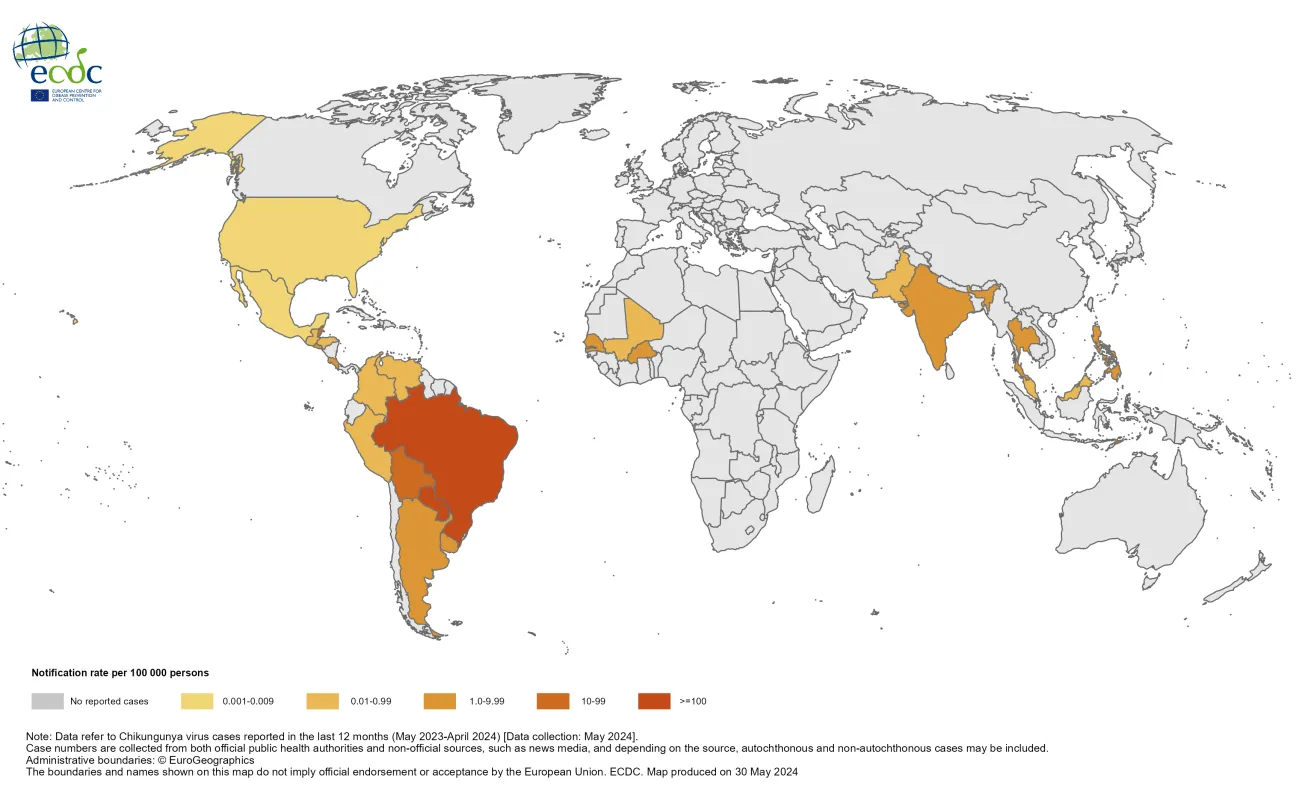 Countries/territories reporting Chikungunya cases since May 2023, and as of April 2024