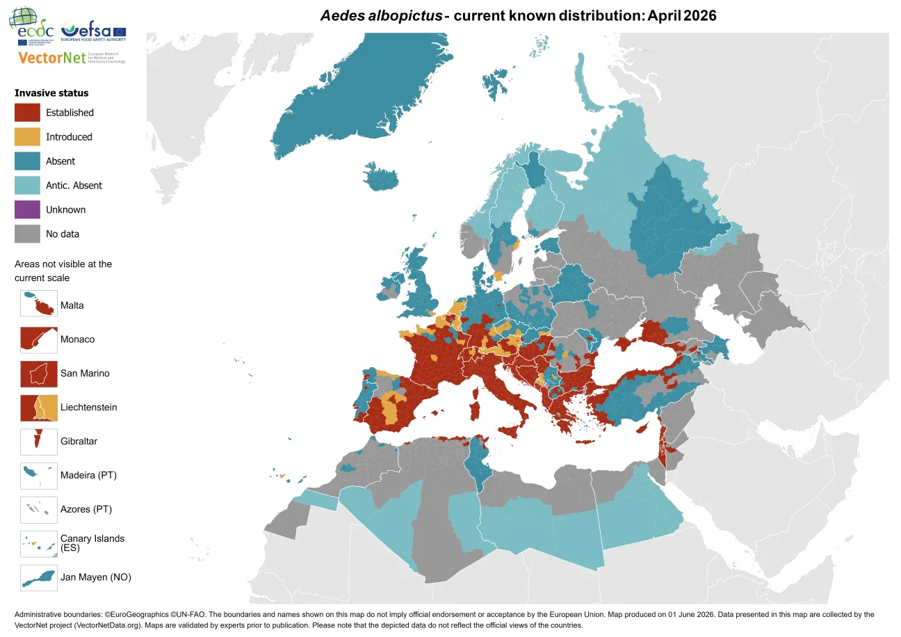 Aedes albopictus - current known distribution: April 2026