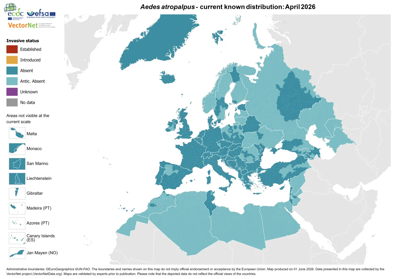 Aedes atropalpus - current known distribution: April 2026