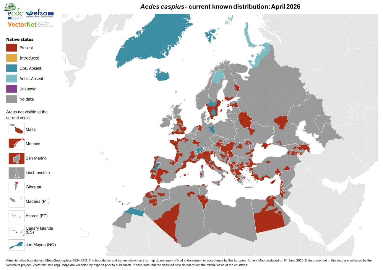 Aedes caspius - current known distribution: April 2026