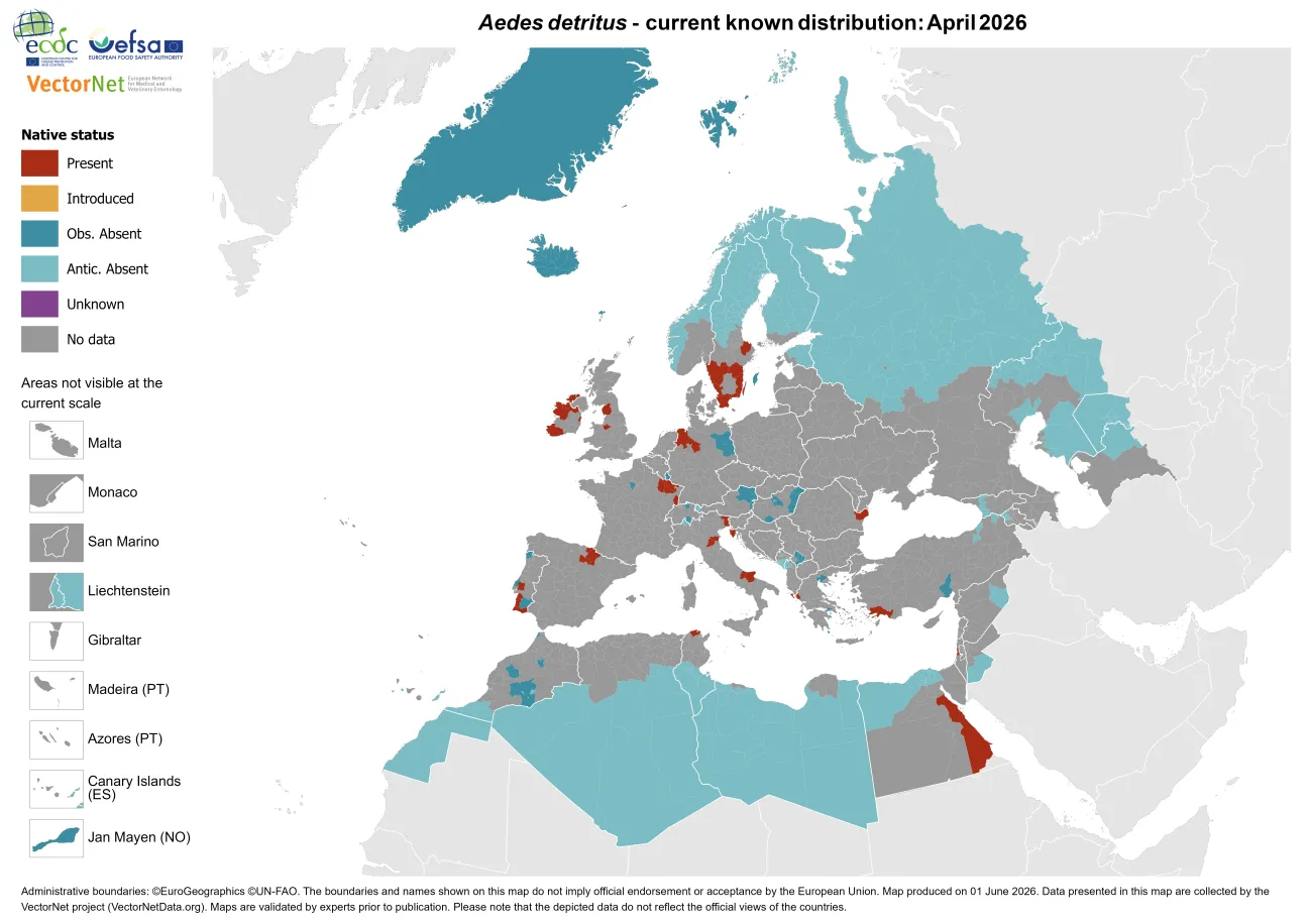 Aedes detritus/Aedes coluzzii - current known distribution: April 2026