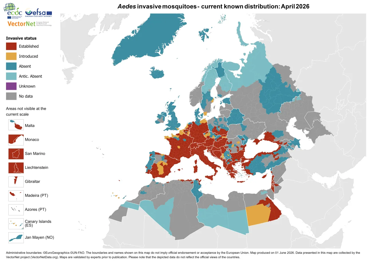 Aedes invasive mosquitoes - current known distribution: April 2026
