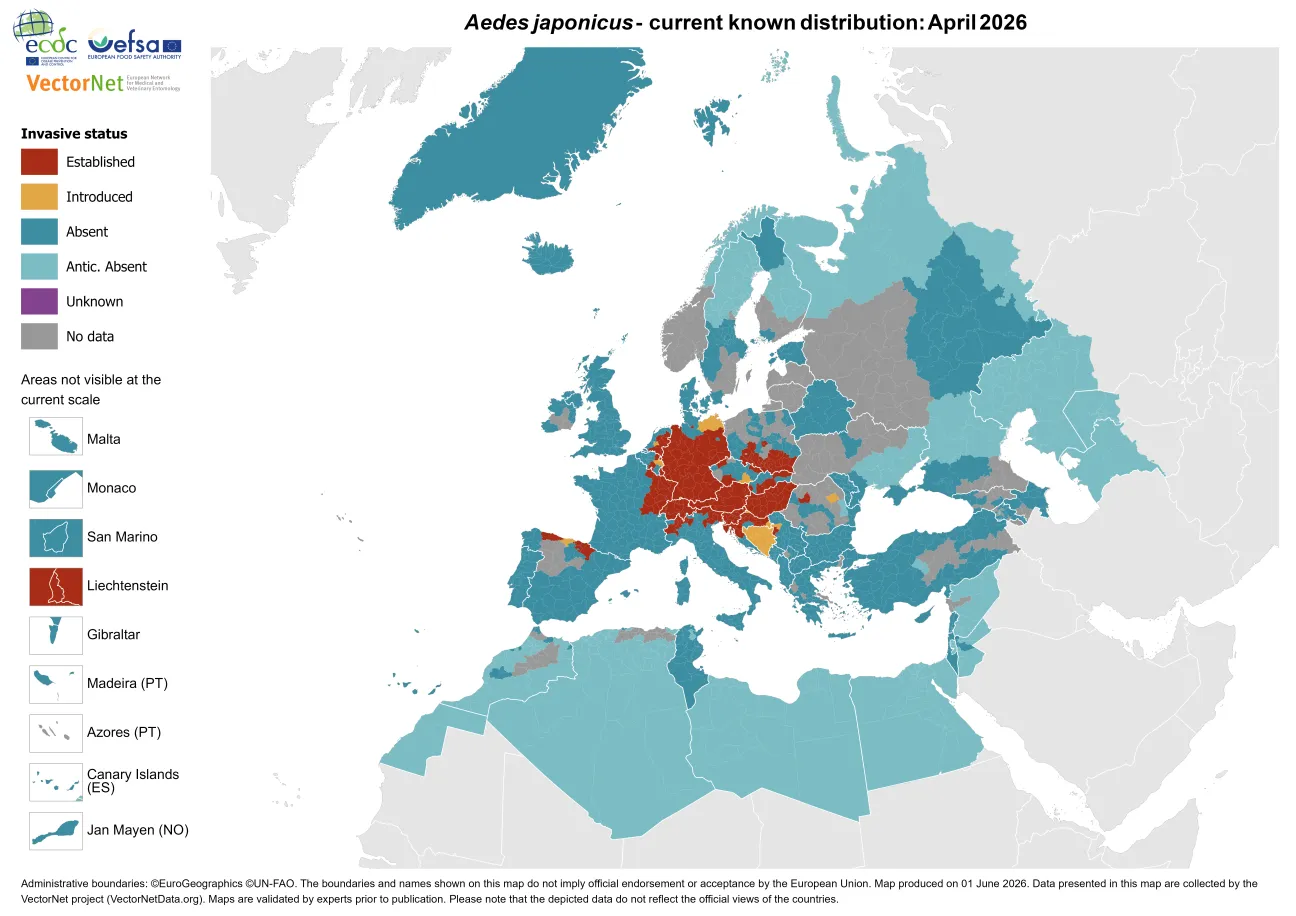 Aedes japonicus - current known distribution: April 2026