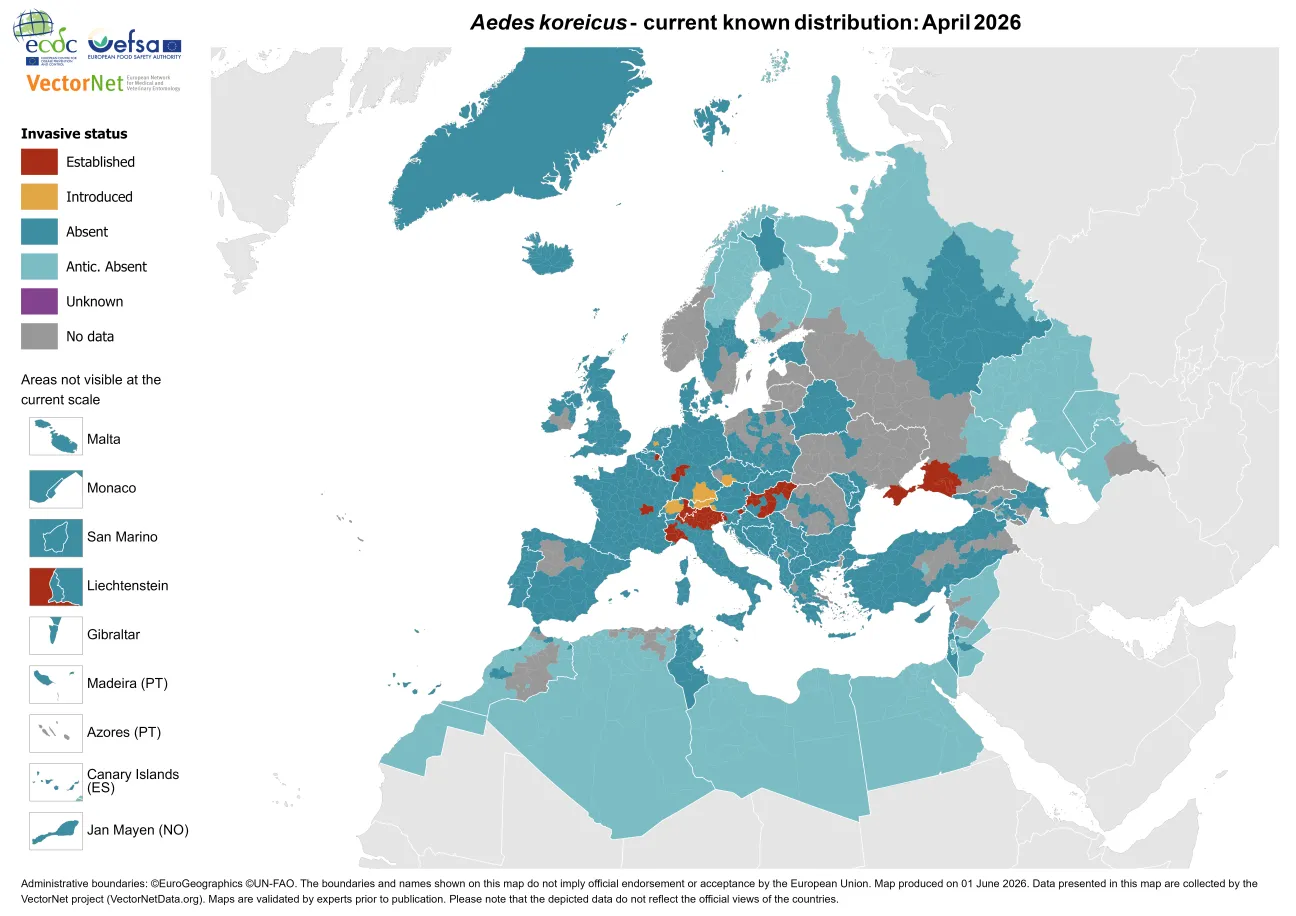 Aedes koreicus - current known distribution: April 2026