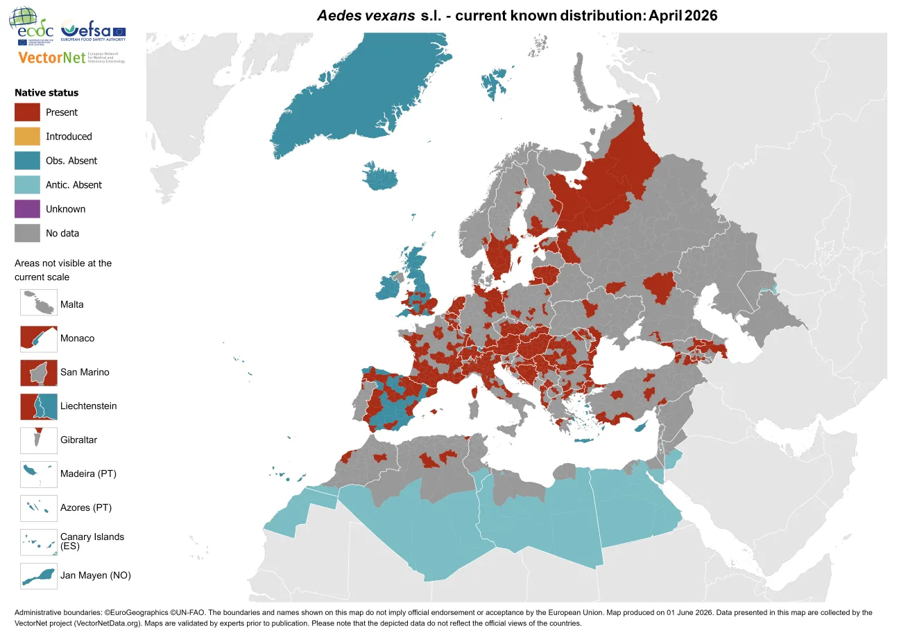 Aedes vexans s.l. - current known distribution: April 2026