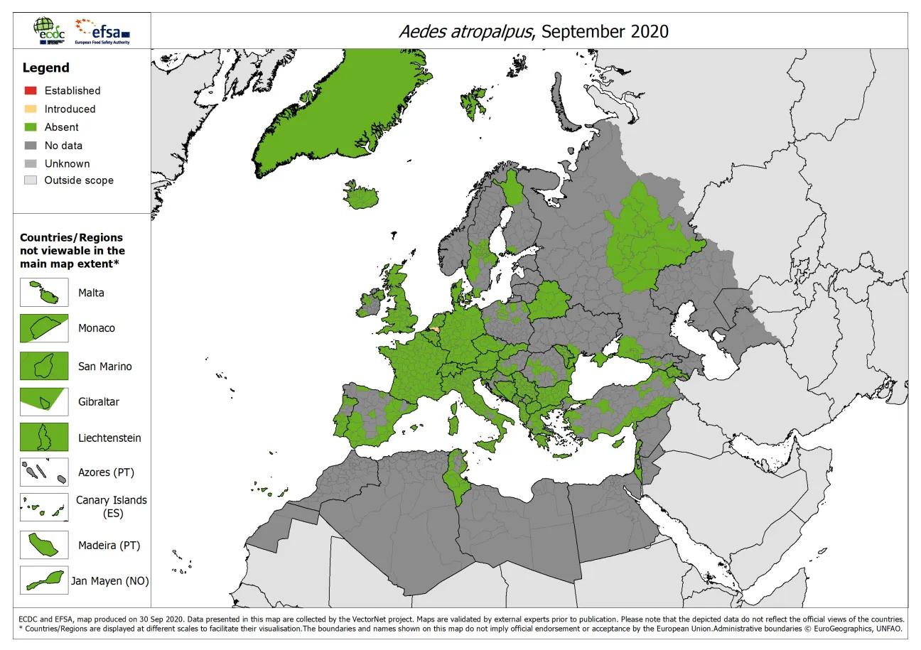 Aedes atropalpus - current known distribution: September 2020