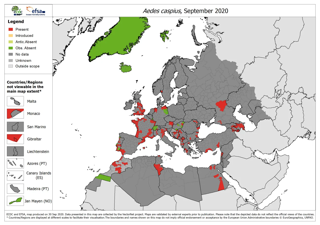 Aedes caspius - current known distribution: September 2020