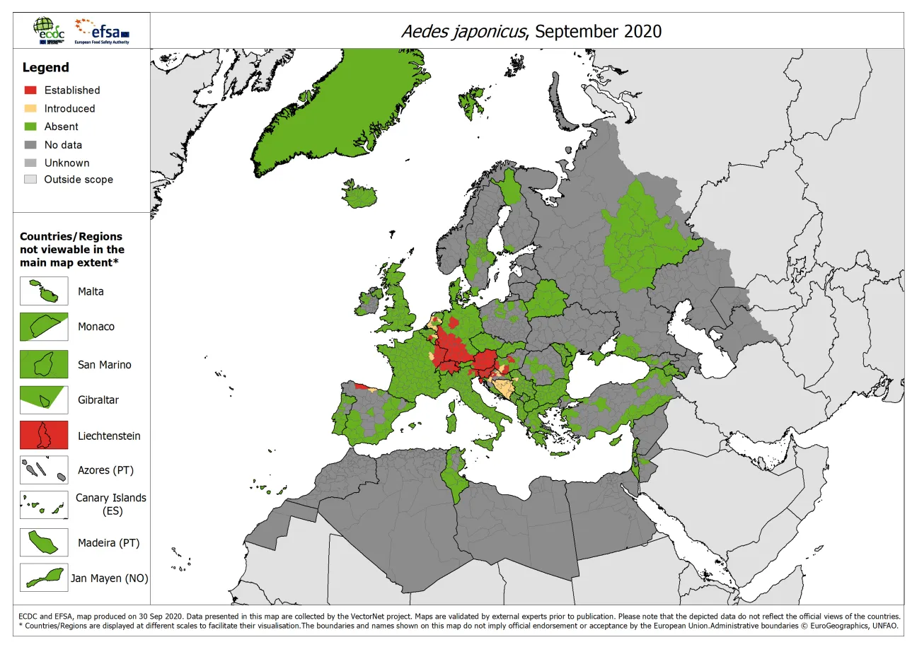 Aedes japonicus - current known distribution: September 2020