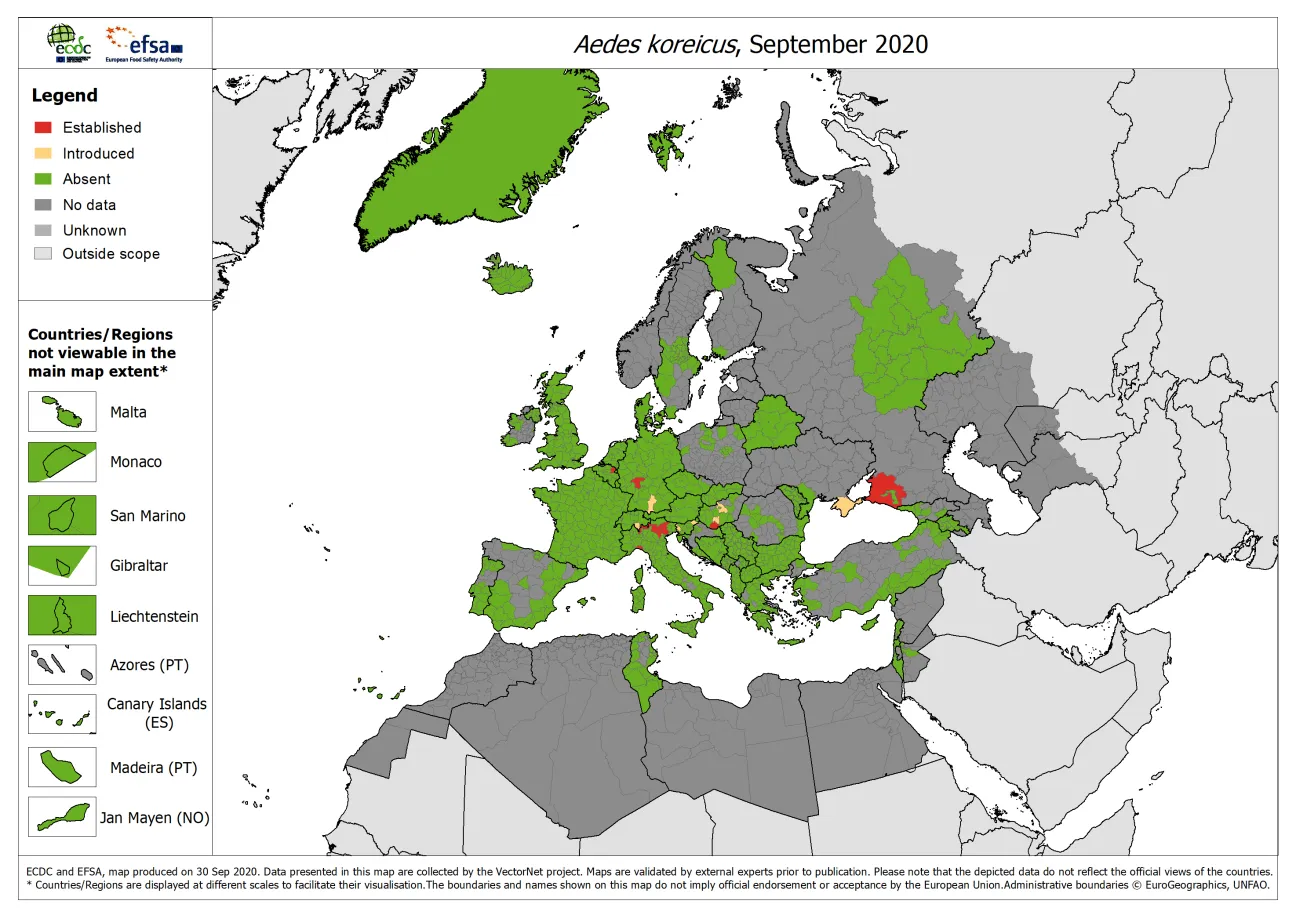 Aedes koreicus - current known distribution: September 2020