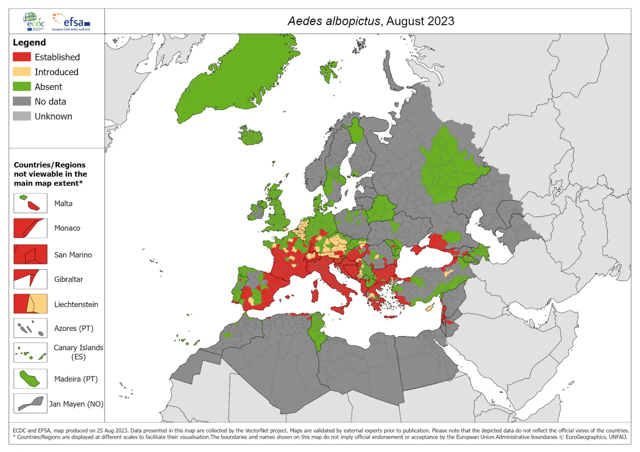 Aedes albopictus - current known distribution: August 2023