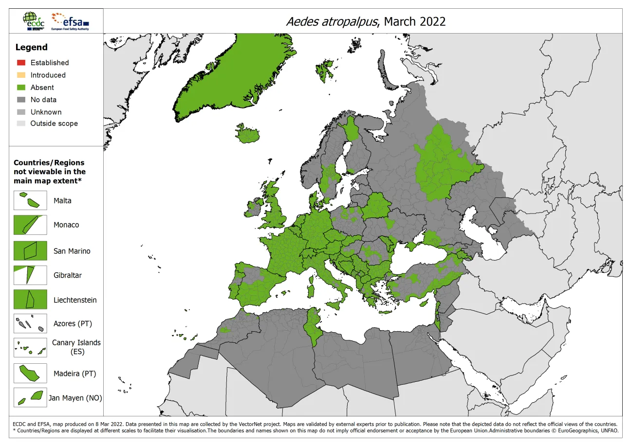 Aedes atropalpus - current known distribution: March 2022