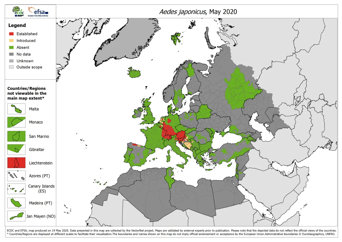 Aedes japonicus - current known distribution: May 2020