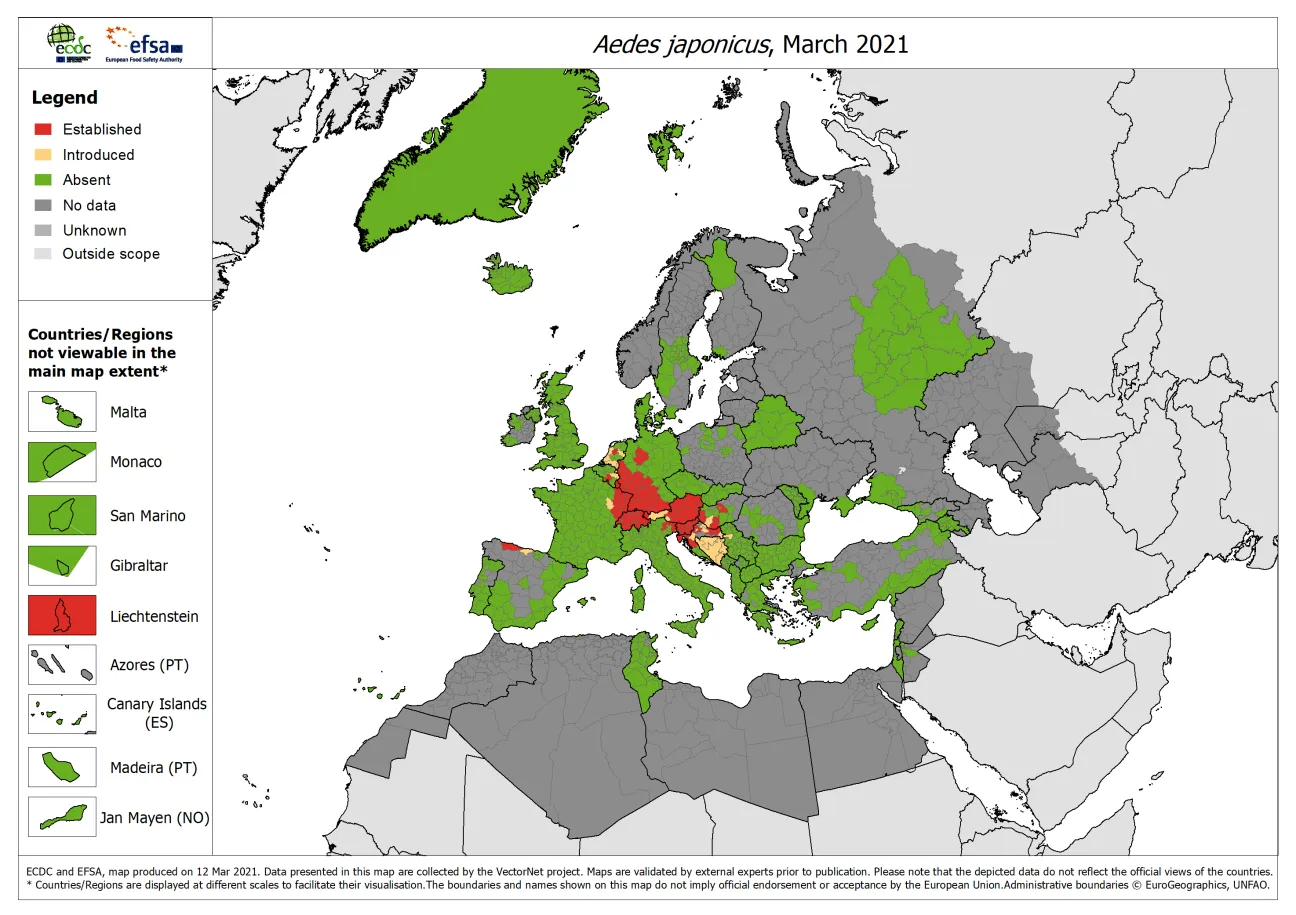 Aedes japonicus - current known distribution: March 2021