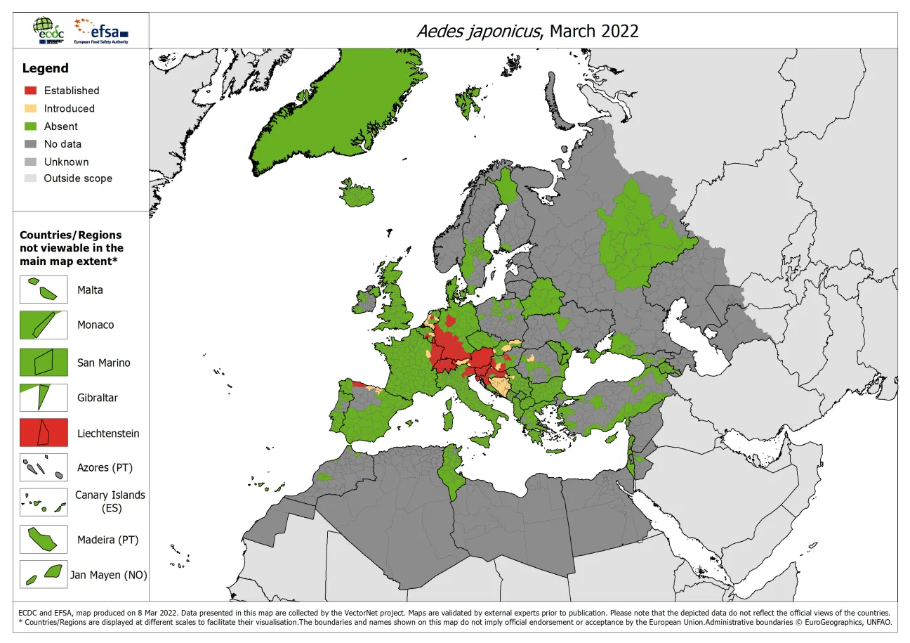 Aedes japonicus - current known distribution: March 2022