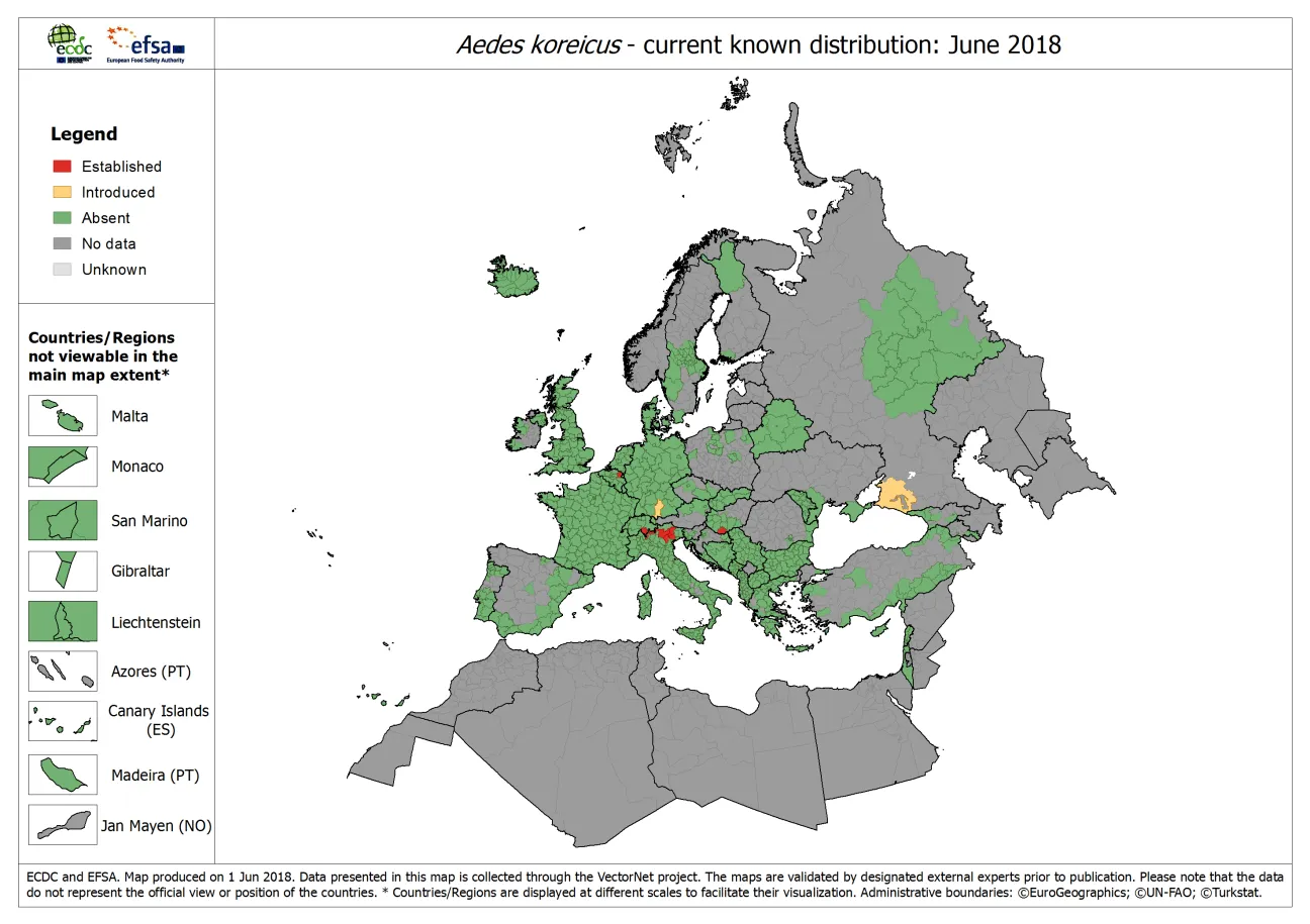 Map showing the current known distribution of Aedes koreicus mosquitoes in Europe as of June 2018