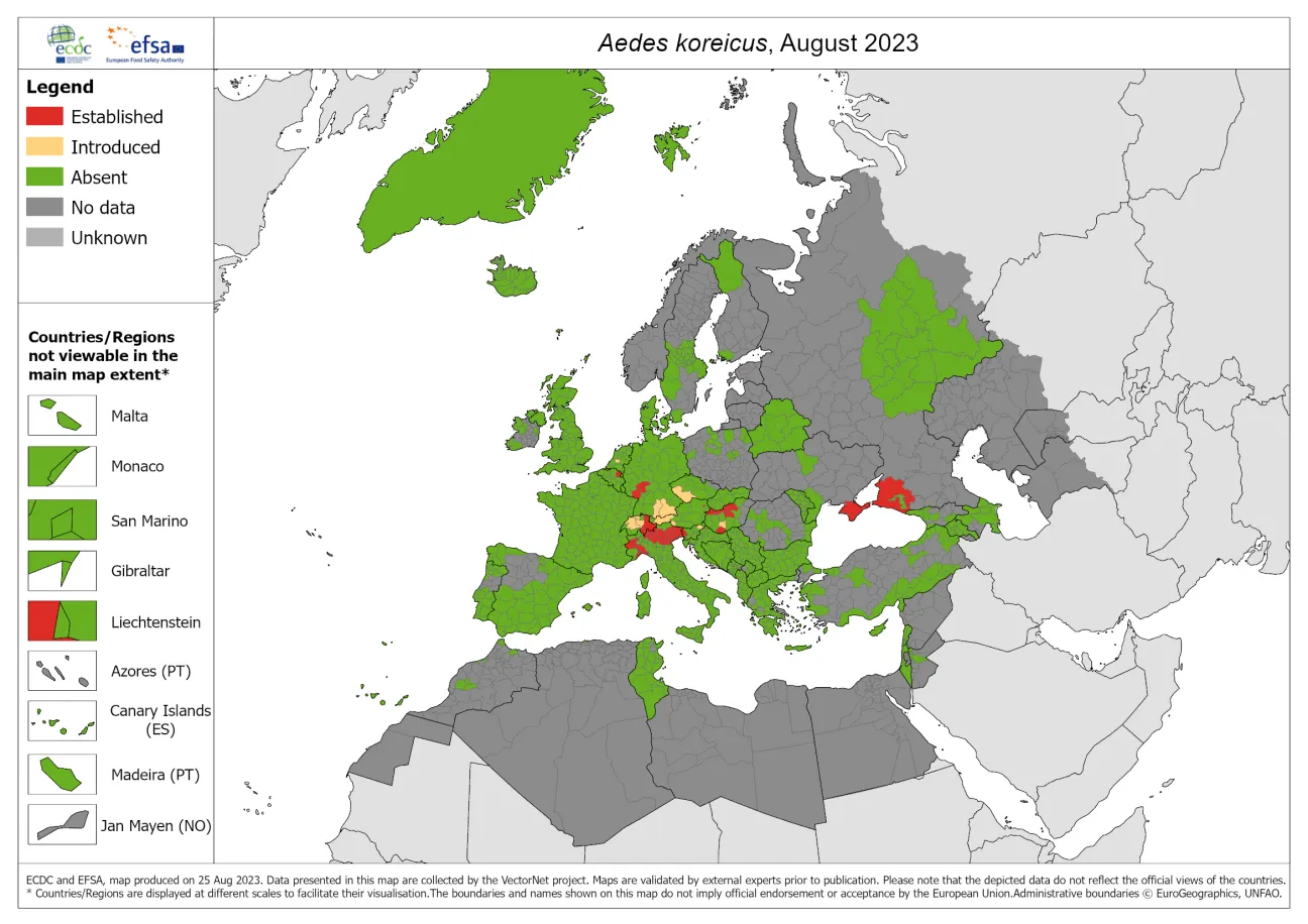 Aedes koreicus - current known distribution: August 2023