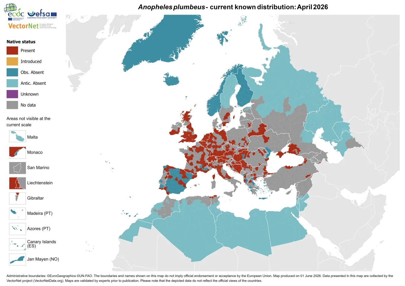 Anopheles plumbeus - current known distribution: April 2026