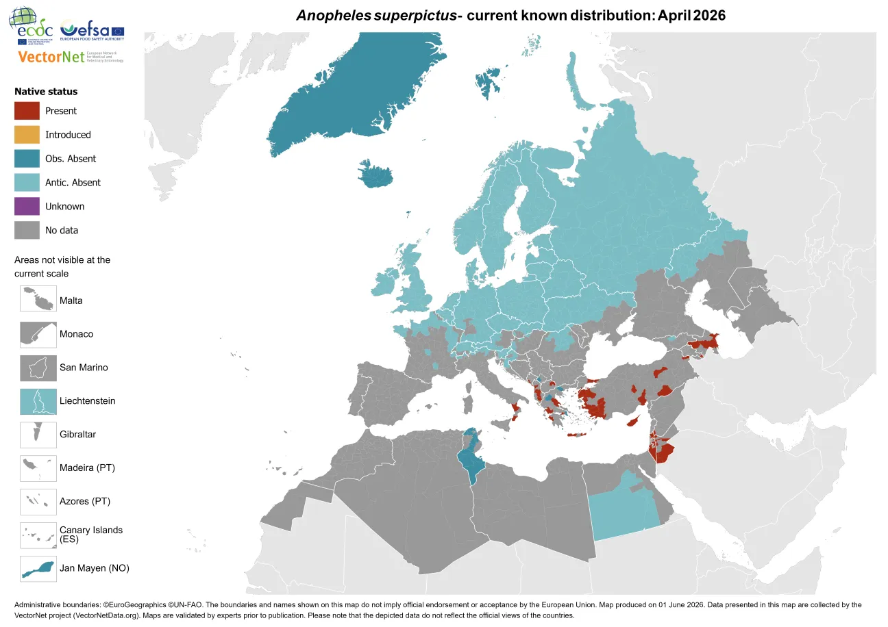 Anopheles superpictus - current known distribution: April 2026