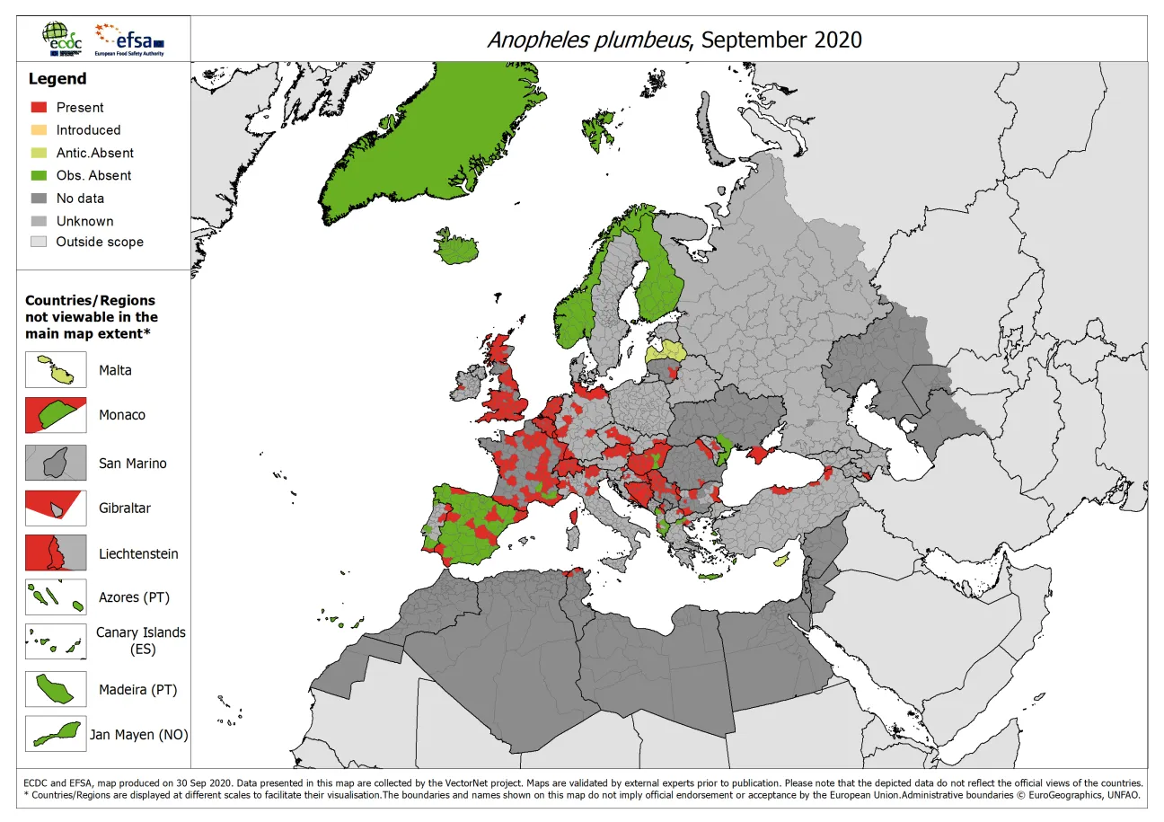 Anopheles plumbeus - current known distribution: September 2020