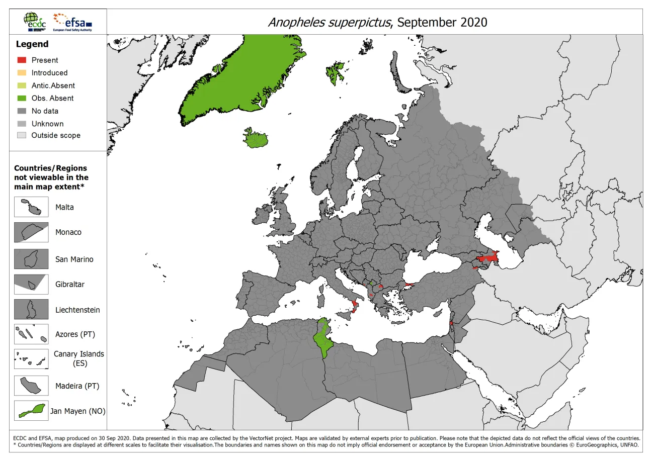 Anopheles superpictus - current known distribution: September 2020