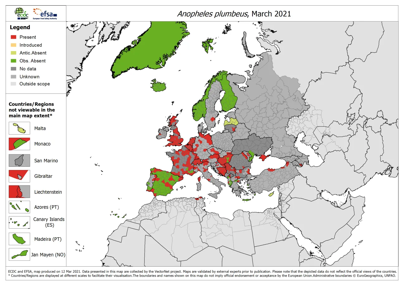 Anopheles plumbeus - current known distribution: March 2021