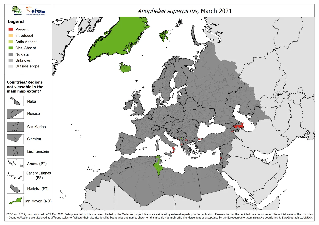 Anopheles superpictus - current known distribution: March 2021