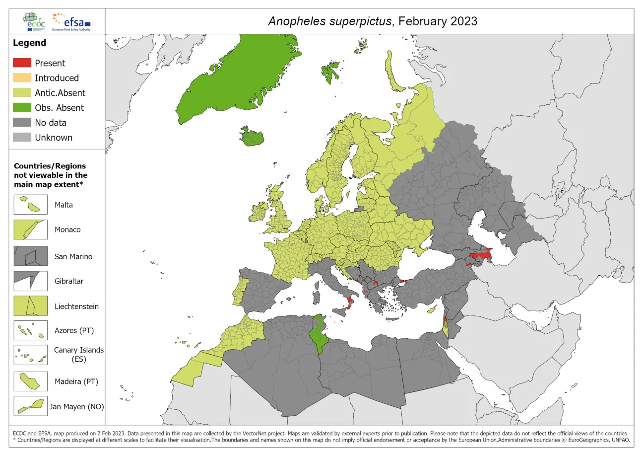 Anopheles superpictus - current known distribution: February 2023