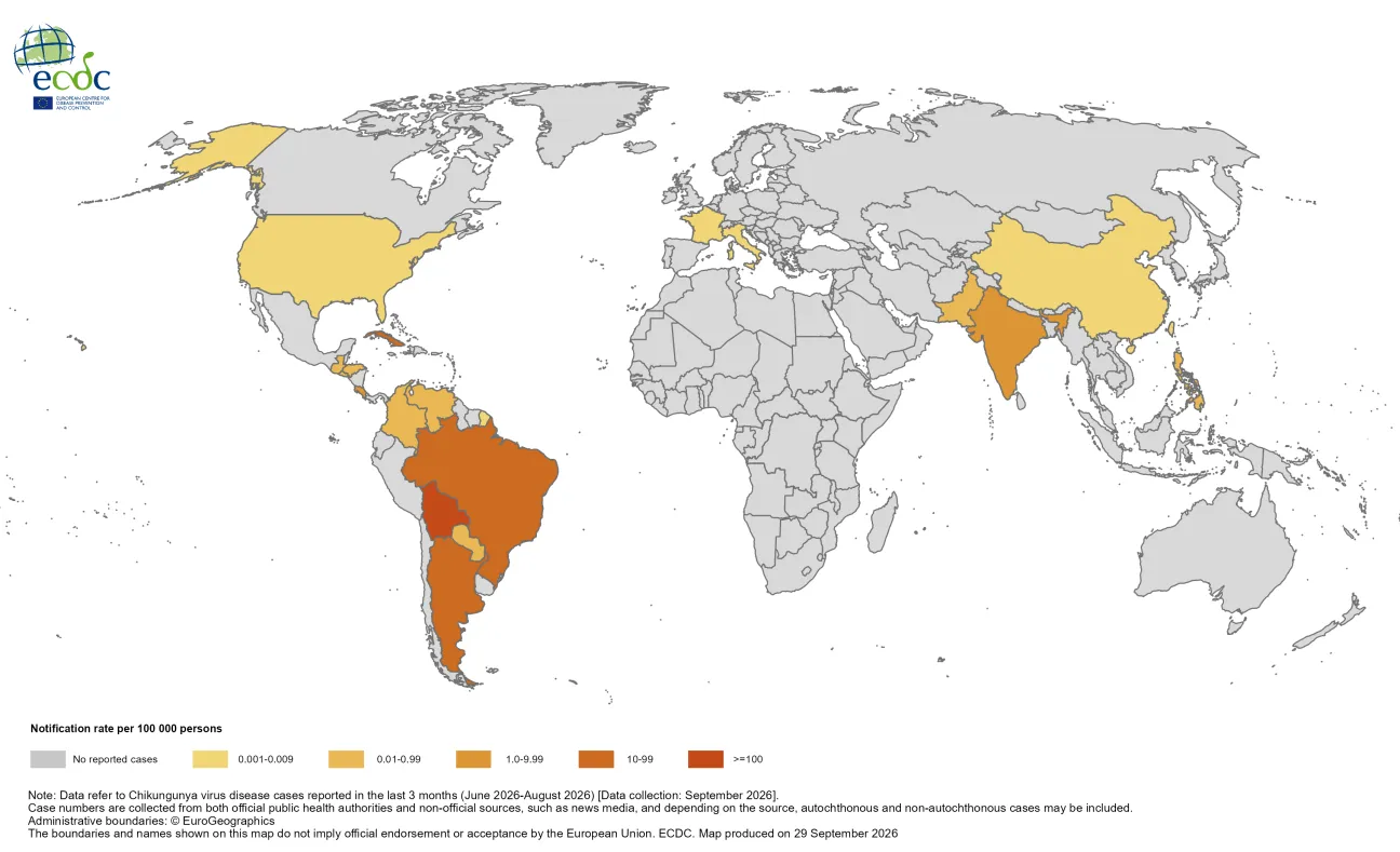 Three-month Chikungunya virus disease case notification rate per 100 000 population, July - September 2026