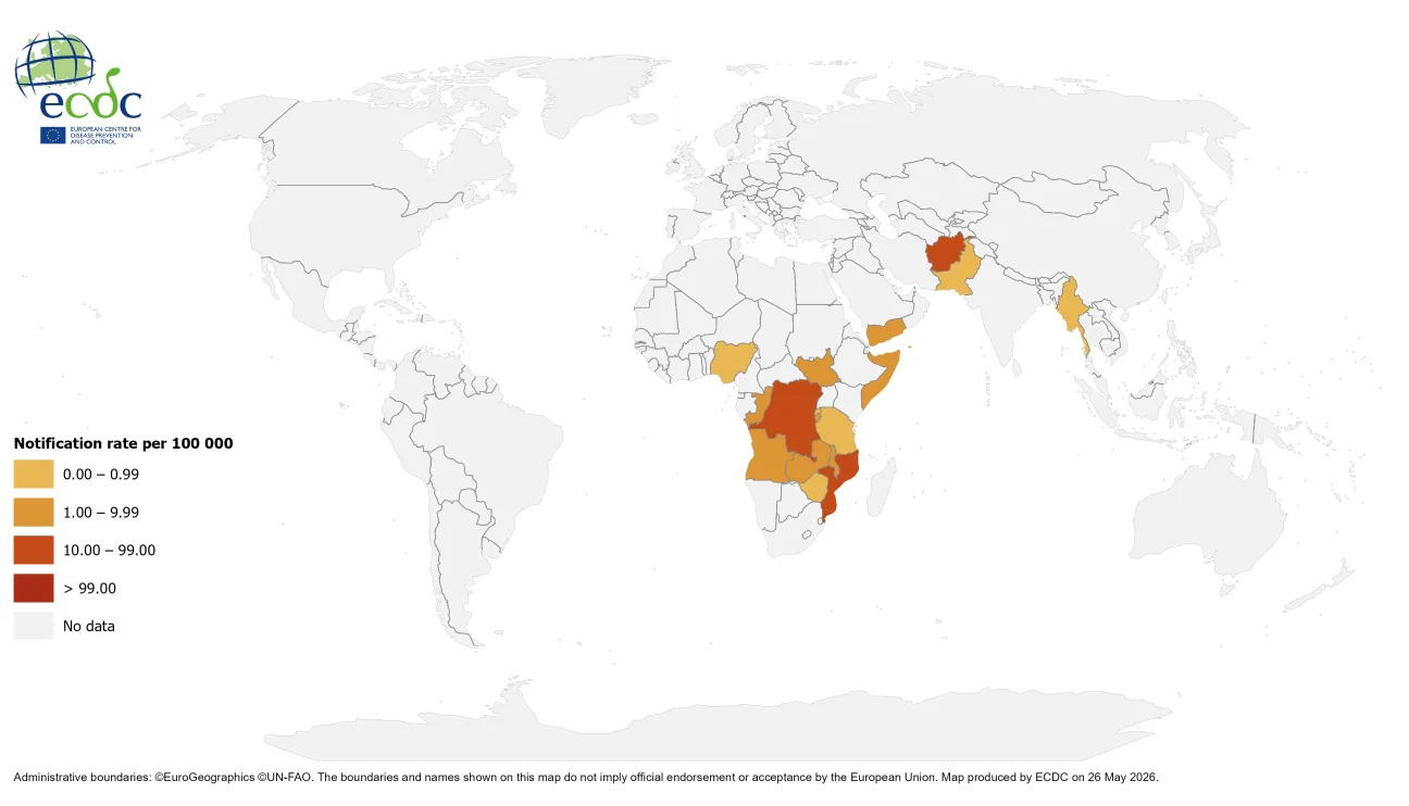 Geographical distribution of cholera cases reported worldwide from March 2026 to May 2026