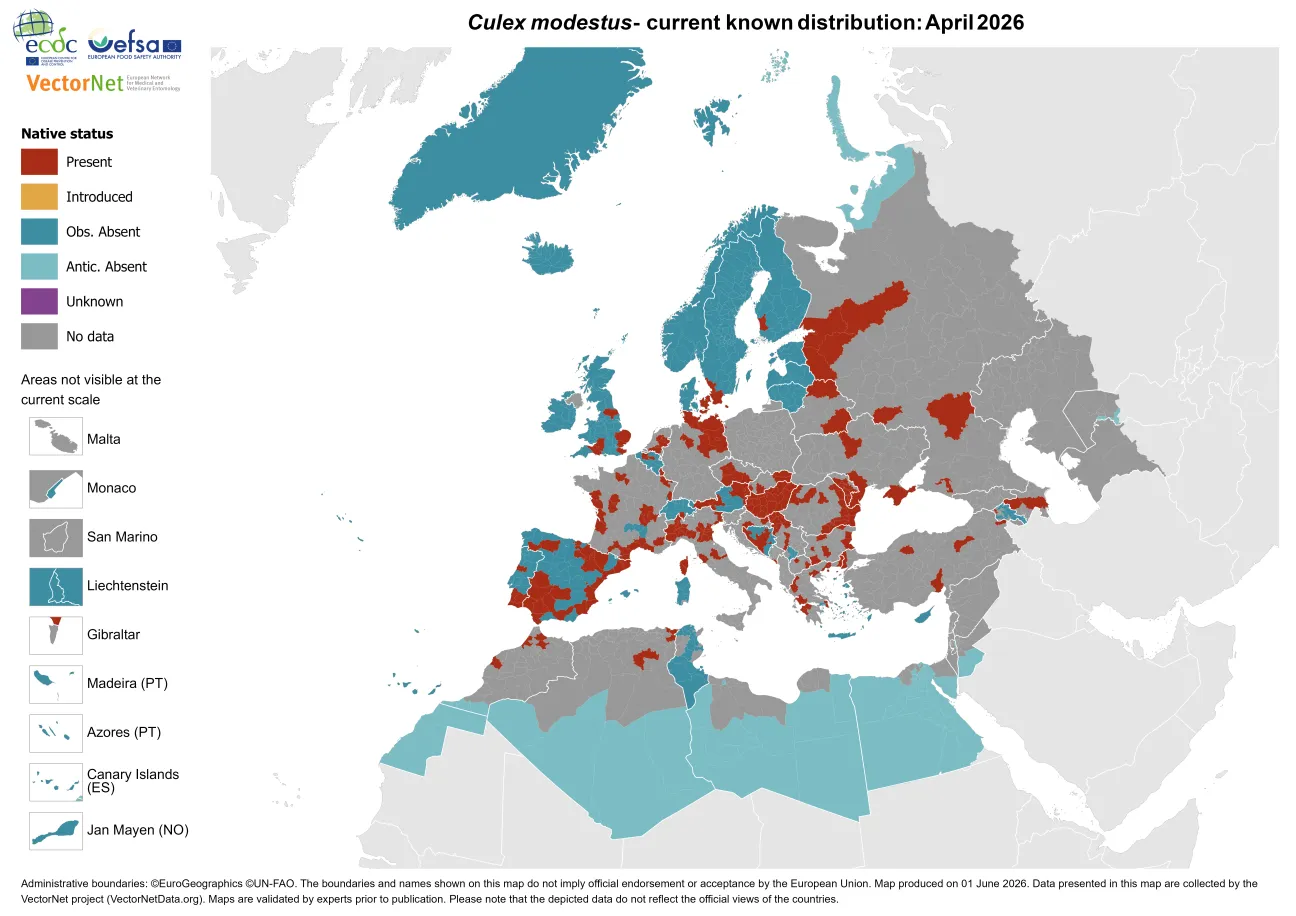 Culex modestus - current known distribution: April 2026