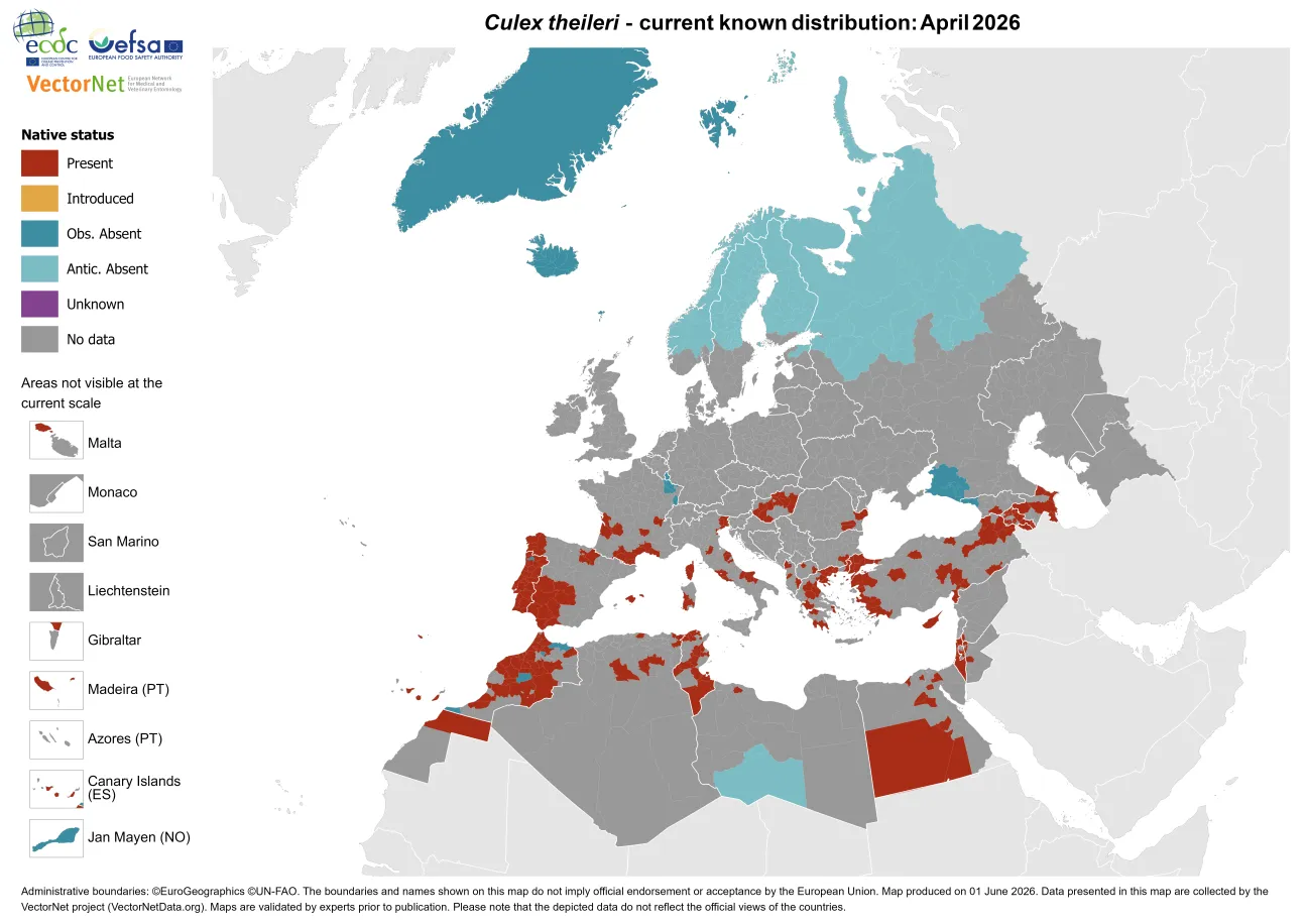 Culex theileri - current known distribution: April 2026