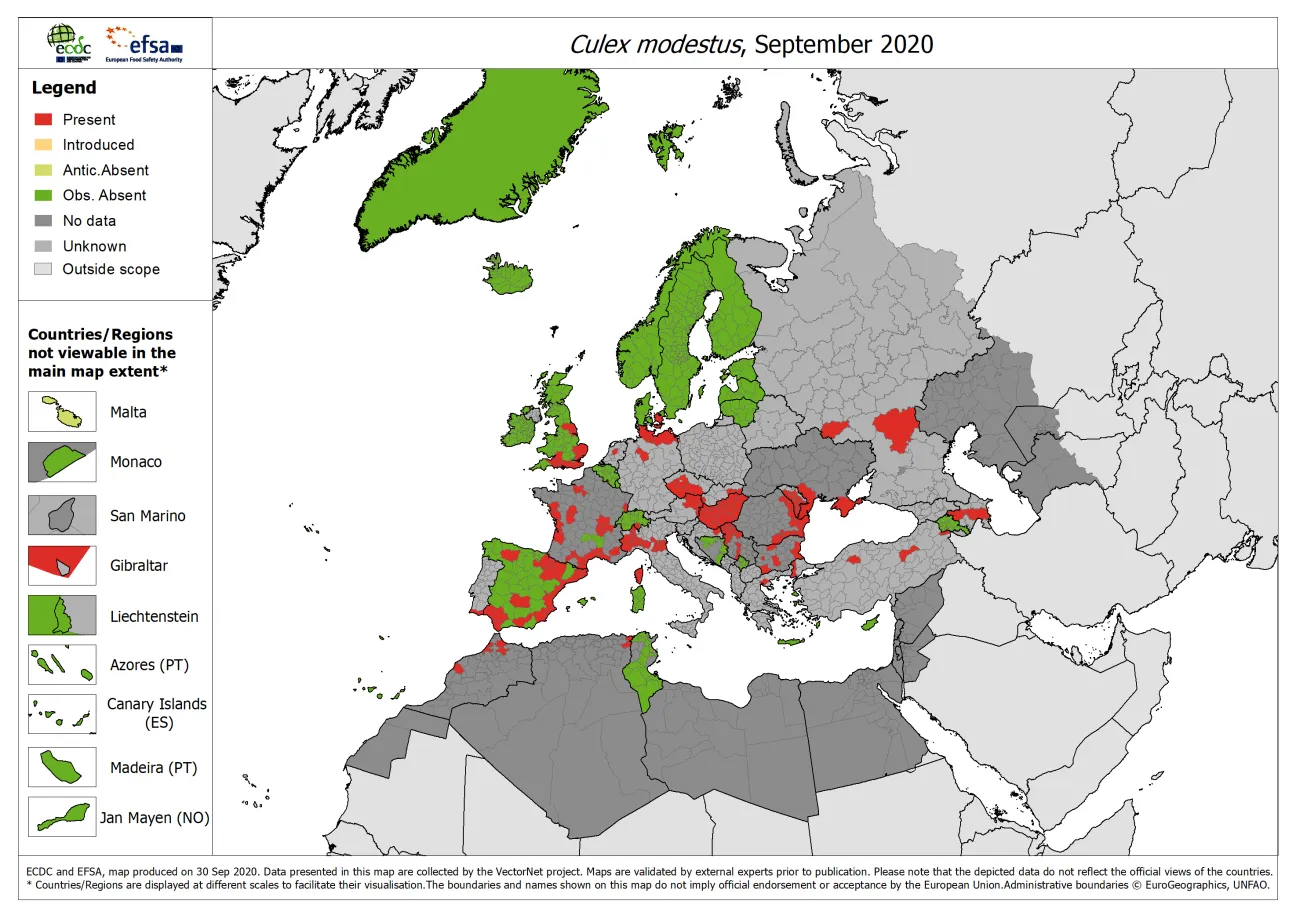 Culex modestus - current known distribution: September 2020