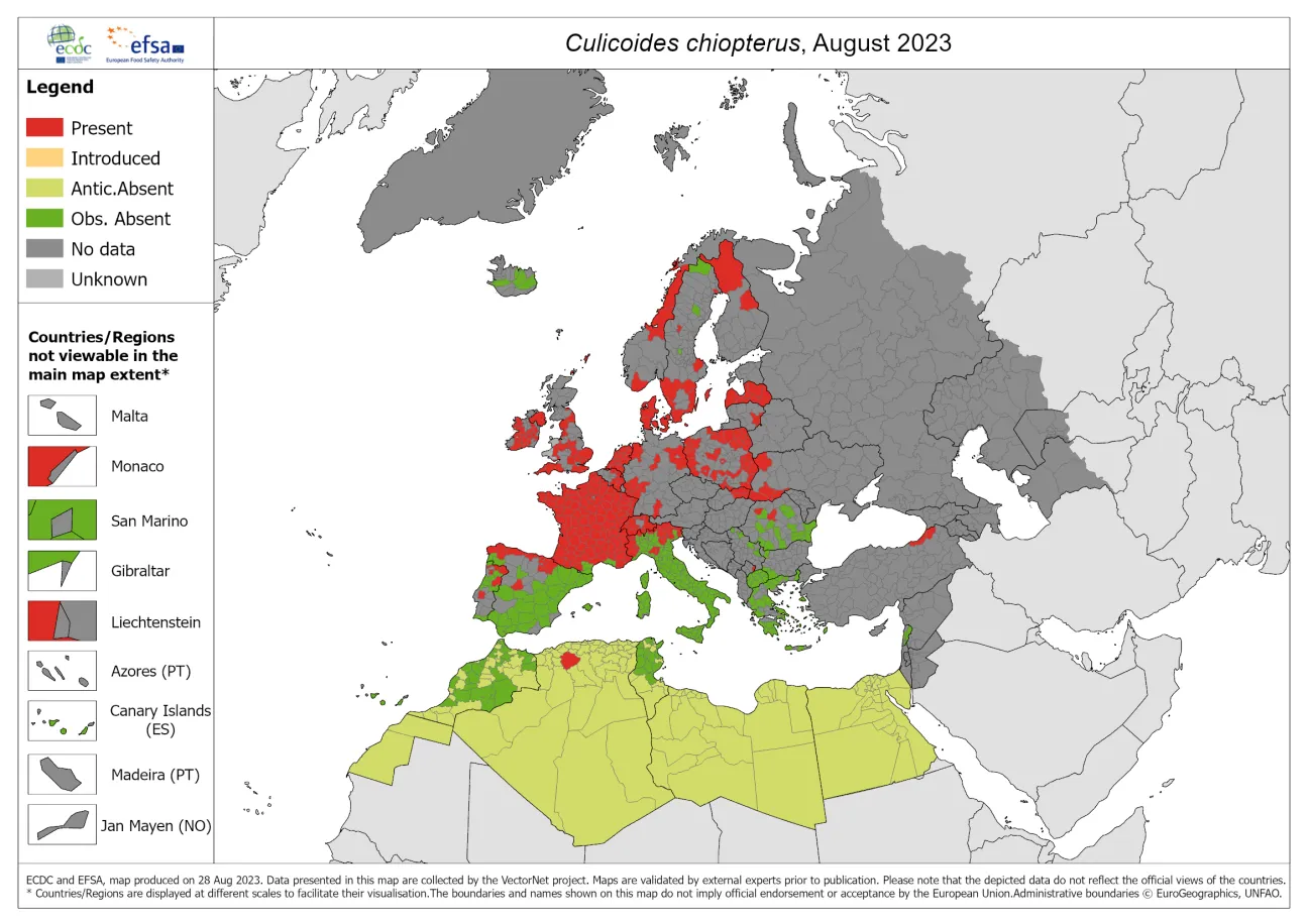 Culicoides chiopterus - current known distribution: August 2023