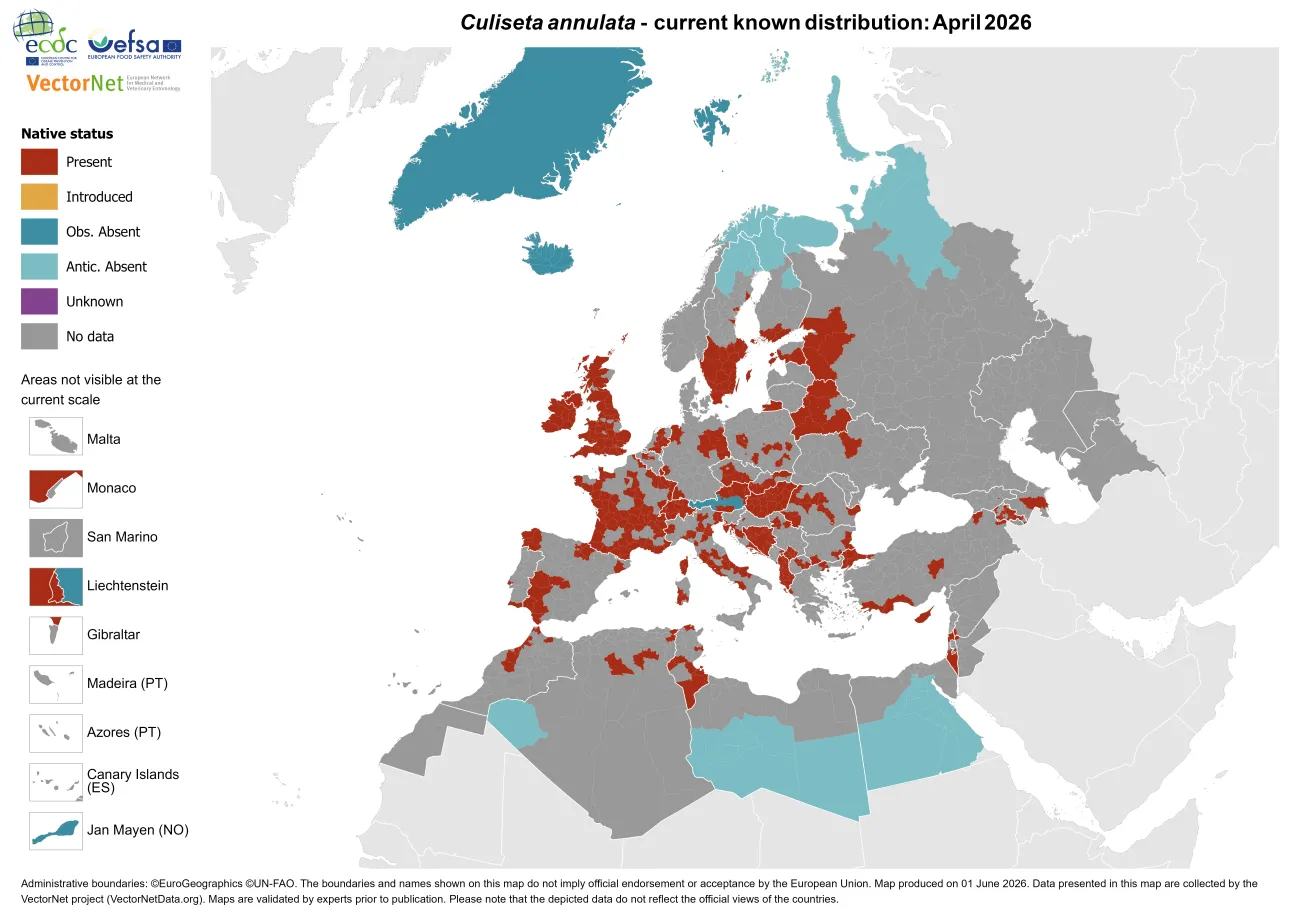 Culiseta annulata - current known distribution: April 2026