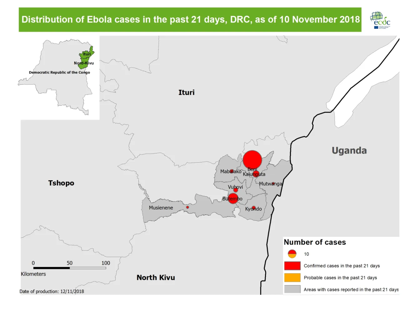 Distribution of Ebola cases in the past 21 days, DRC, as of 10 November 2018