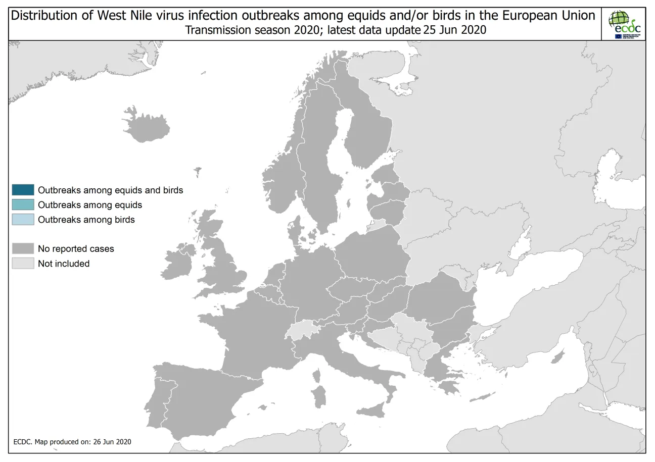 West Nile virus in Europe in 2020 - outbreaks among equids and/or birds, updated 25 June 2020