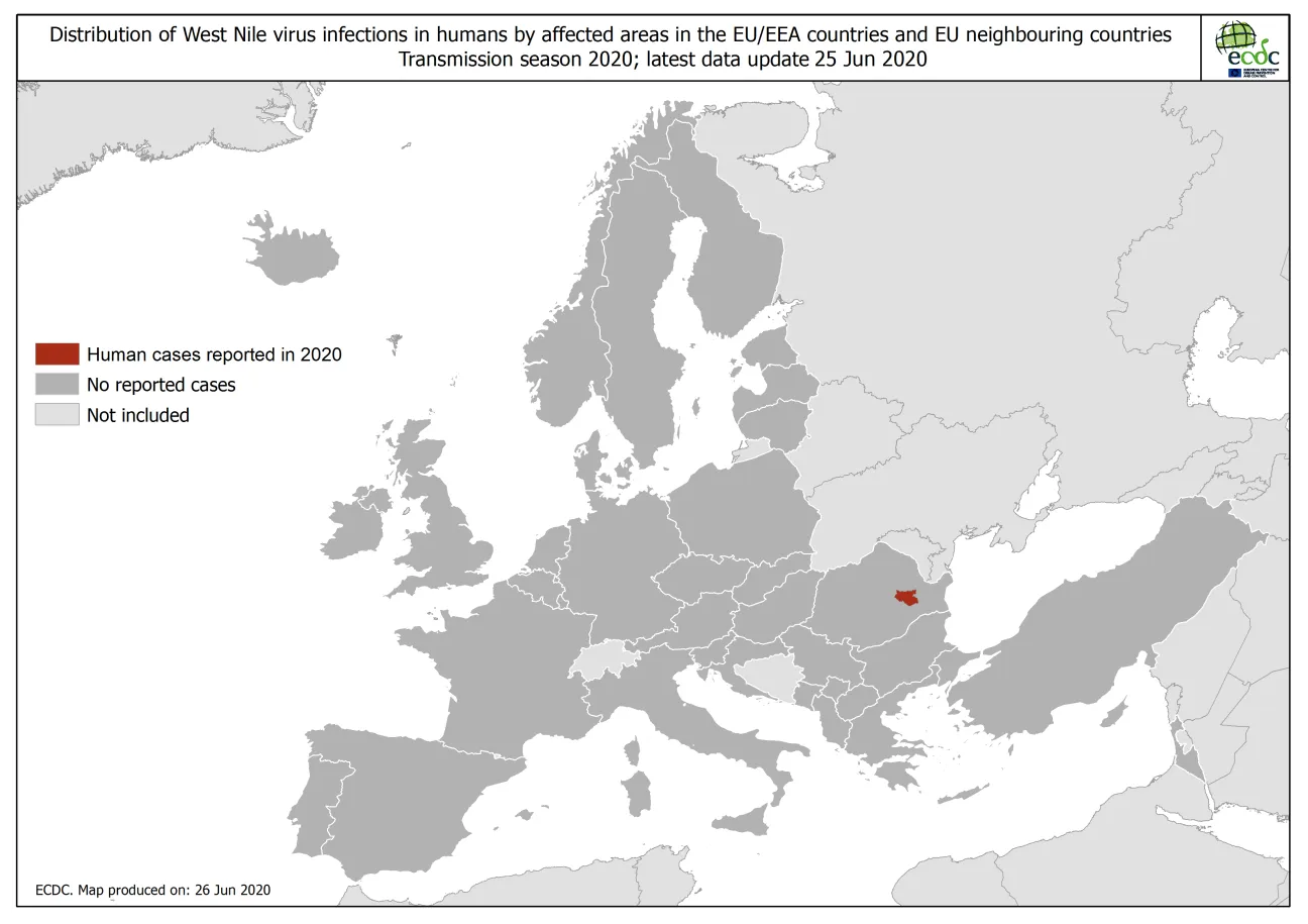 West Nile virus in Europe in 2020 - human cases, updated 25 June 2020