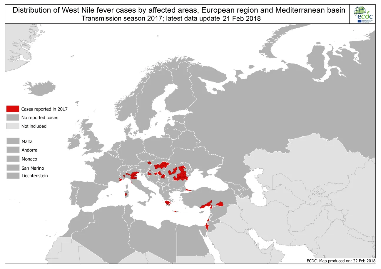 Map showing the West Nile fever cases by affected areas in Europe and the Mediterranean, 2017 transmission season