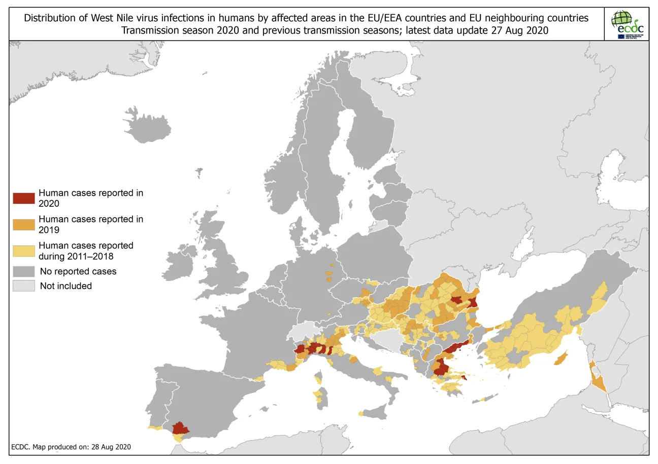 West Nile virus in Europe in 2020 - human cases compared to previous seasons, updated 28 August 2020